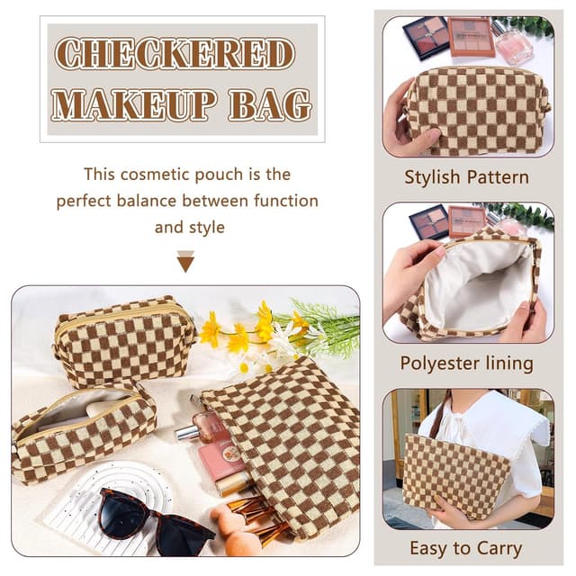 Thumbnail 5 de ZLFSRQ 3Pcs Checkered Makeup Bag 10.6 in