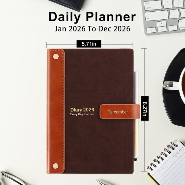 Detalle de Mljtoyo Diary 2026 A5, day-per-page planner (Jan–Dec 2026) with pen, stickers and 3 bookmarks