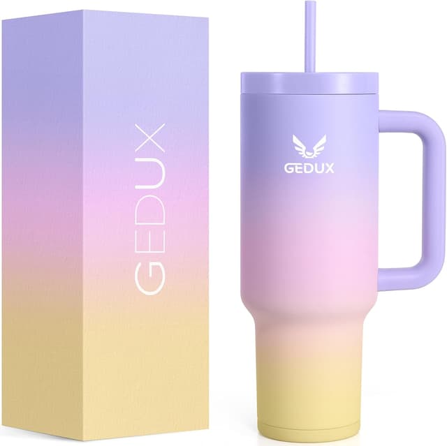 Detalle de Gedux Trinkflasche mit Strohhalm 1,2 l – Thermobecher mit Henkel, doppelwandiger Vakuumisolierung und auslaufsicherem Deckel