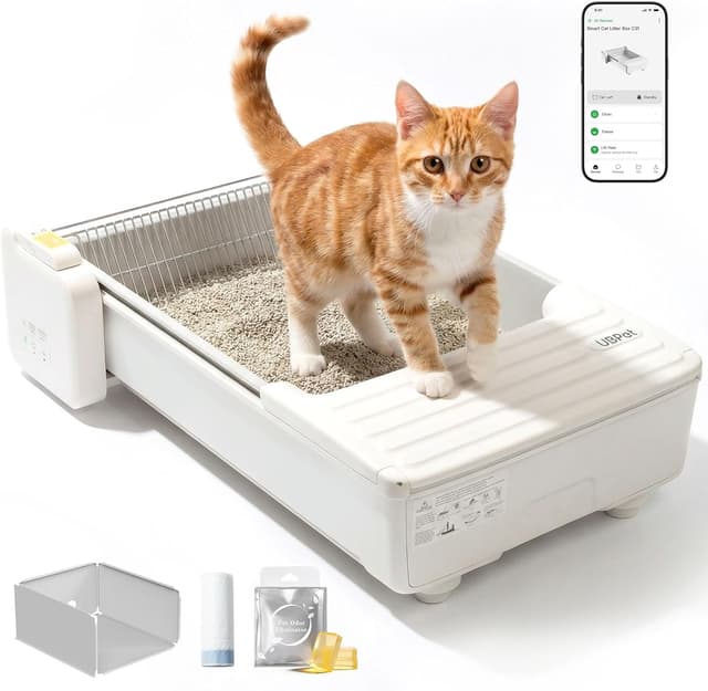 Detalle de UBPET C31 lettiera autopulente open-top con controllo app e sistema a doppio rastrello