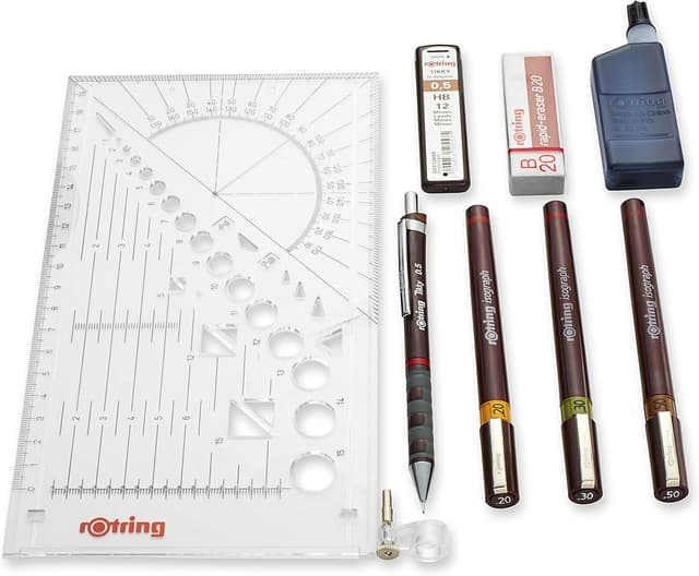 Detalle de rOtring Isograph Pen Set Technical Pen & Pencil College Set with 3 pens (0.20/0.30/0.50) and mechanical pencil (0.5 mm)