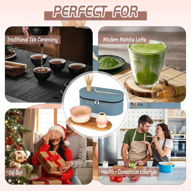 Detalle de Japanisches Matcha Tee Set in Rosa (5-teilig) mit Bambustablett, Besen und Schale