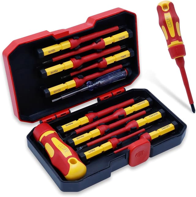 Detalle de Set di cacciaviti elettricista CCLIFE 13 pezzi VDE 1000 V con punte intercambiabili e tester di sicurezza