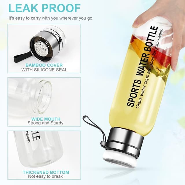 Detalle de flintronic 1L borosilicate glass water bottle with stainless steel infuser and leak-proof lid