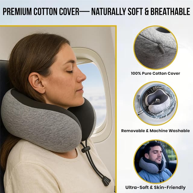 Detalle de TRENDIQ Travel Pillow for Airplane – premium memory foam neck support set with cotton cover, eye mask & ear plugs