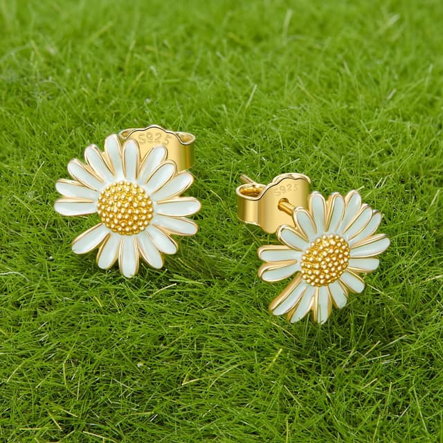 Detalle 2 de Qings Sterling Silber 925 Blume Ohrringe (Vierblättriges Kleeblatt & Gänseblümchen) mit Zirkonia – Ohrstecker