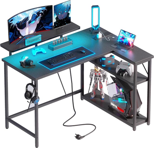 Detalle de Xyphren L Shaped Gaming Desk with RGB LED Lights, Power Outlets & Adjustable Shelves (Carbon Black)