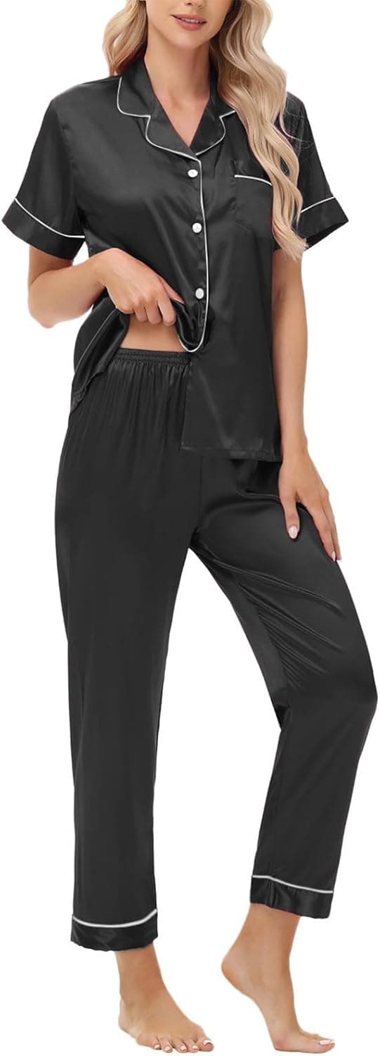 Detalle de TinyChoice 3-Piece Silk Satin Pajama Set for Women (Short Sleeve Button-Down Top + Shorts + Long Pants)