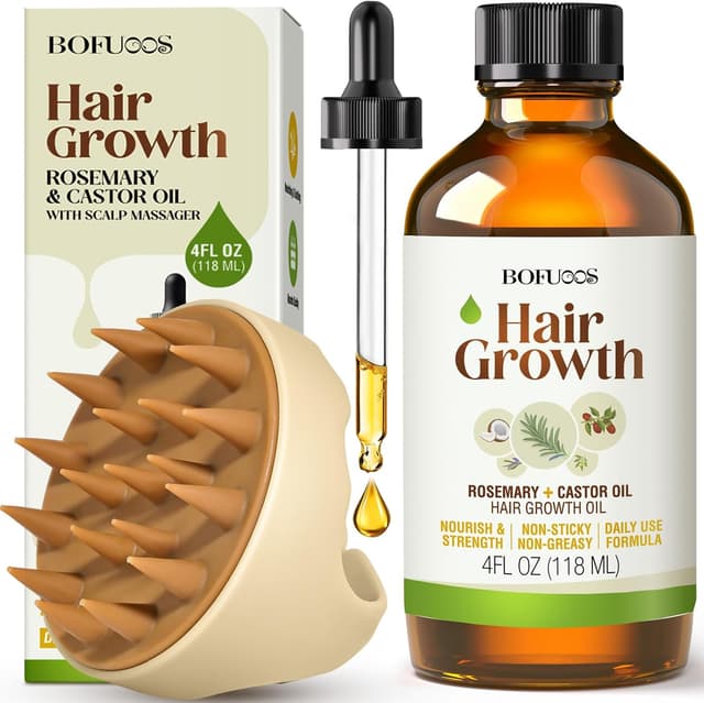 Detalle de Bofuoos Rosemary Oil for Hair Growth & Castor Oil Scalp Massager Set (118ml) for strengthening and soothing