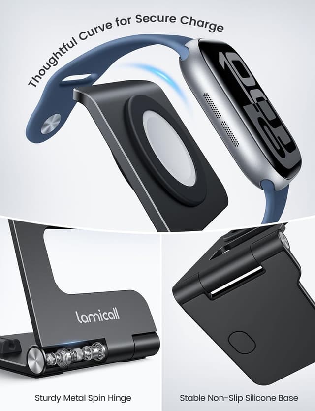 Detalle de Lamicall Foldable Charger Stand for Apple Watch (Ultra-thin desk & travel holder, black) — Not a charger