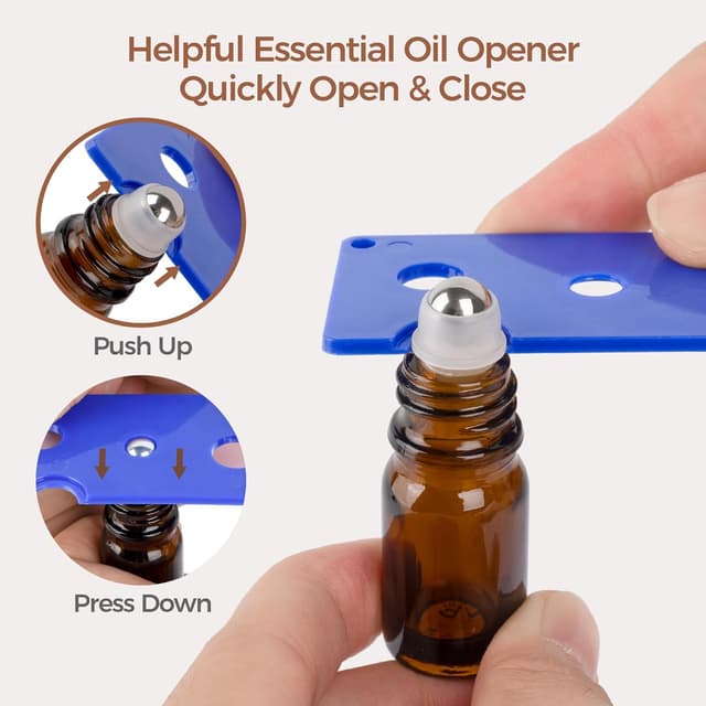 Detalle de Set da 6 flaconi roll-on ComSaf in vetro ambrato con palline per olio essenziale, accessori per DIY, aromaterapia e viaggio