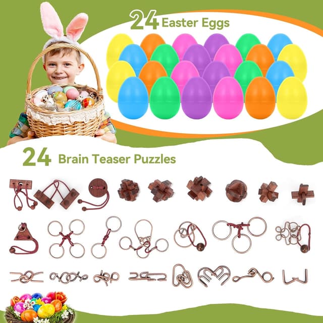 Detalle de 24-Pack Easter Eggs Filled with Brain Teaser Puzzles (Plastic Eggs + Wood/Metal Puzzle Fillers) for Teens, Kids & Adults