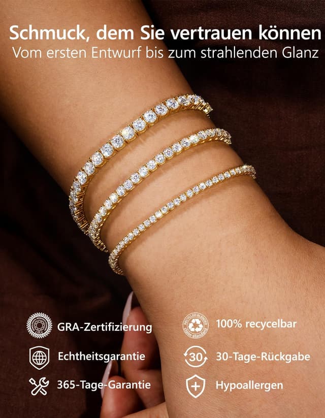Detalle 2 de KRKC&CO Moissanit Tennisarmband für Damen – 925 Silber, Weißgold beschichtet, 62 Steine (D-Farbe, VVS1)
