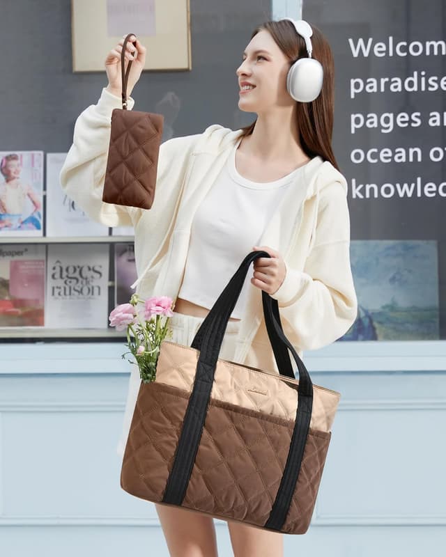 Detalle de LOVEVOOK Shopper Tasche für Damen mit 15,6-Zoll-Laptopfach – leichte Puffer-Tote fürs Büro, Uni & Reisen