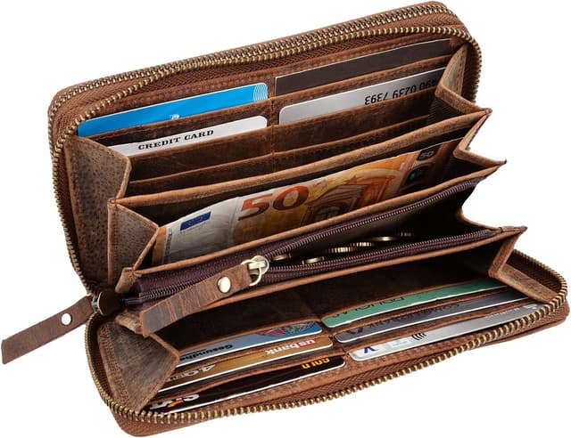 Detalle de LEABAGS Leder Geldbörse Damen – XXL Portemonnaie mit RFID/NFC-Schutz, Doppelter Reißverschluss (Vintage Dunkelbraun)