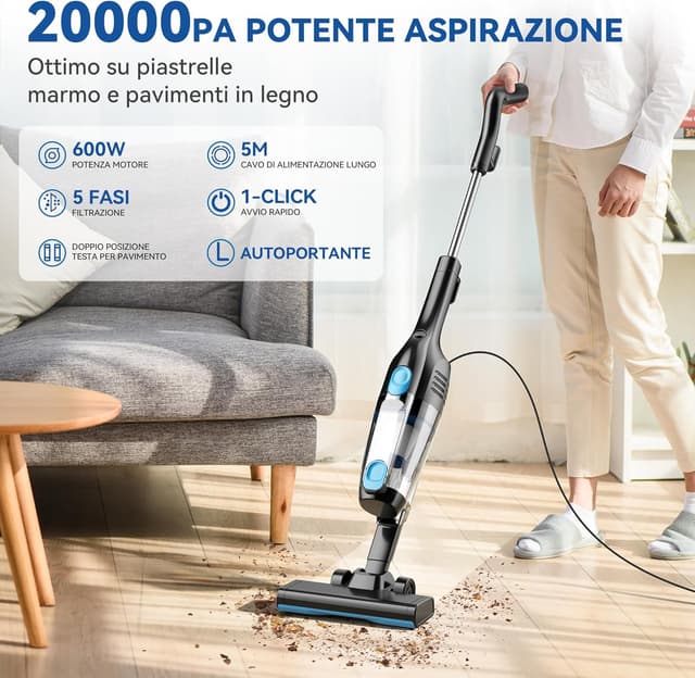 Detalle 2 de Vastorm aspirapolvere con filo 3 in 1 (scopa elettrica) 600W, 20.000 Pa, cavo 5 m