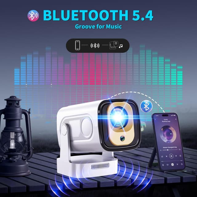 Detalle de Mini Beamer 4K 1080P (2026) mit Auto-Fokus, Trapezkorrektur, WiFi 6 & Bluetooth 5.4 – tragbarer Projektor in Weiß