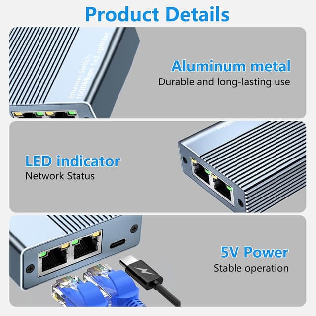 Detalle 2 de Vecbmn Ethernet Splitter 1 to 3 (1000Mbps) with USB-C Power Cable