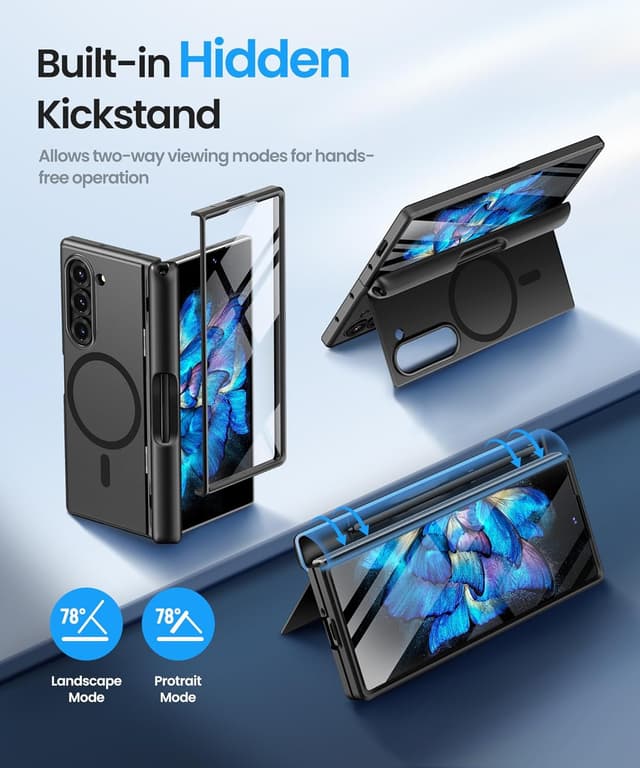 Detalle de BERFY for Galaxy Z Fold 6 Case with Screen Protector, MagSafe Compatibility, Built-in Kickstand & S Pen Slot (Black)