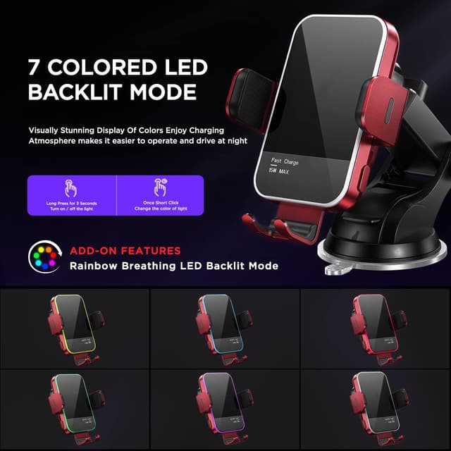 Detalle 2 de MOSURR 15W Wireless Charging Car Phone Holder with RGB Backlit Auto-Clamp (Red)