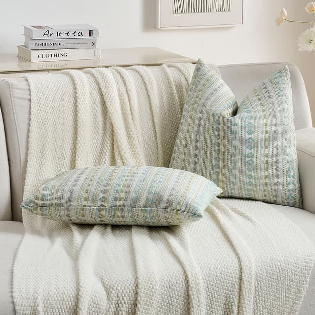 Detalle de Ystyle Housse de coussin 45x45 (lot de 2) en chenille à rayures champêtre, bleu-vert