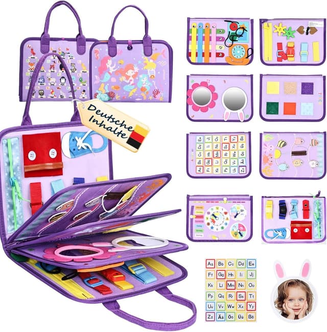 Thumbnail 6 de JHkim Montessori Busy Board (Deutsch) für Kinder ab 1–4 Jahre – Motorikbrett für Reise, Auto & Flugzeug