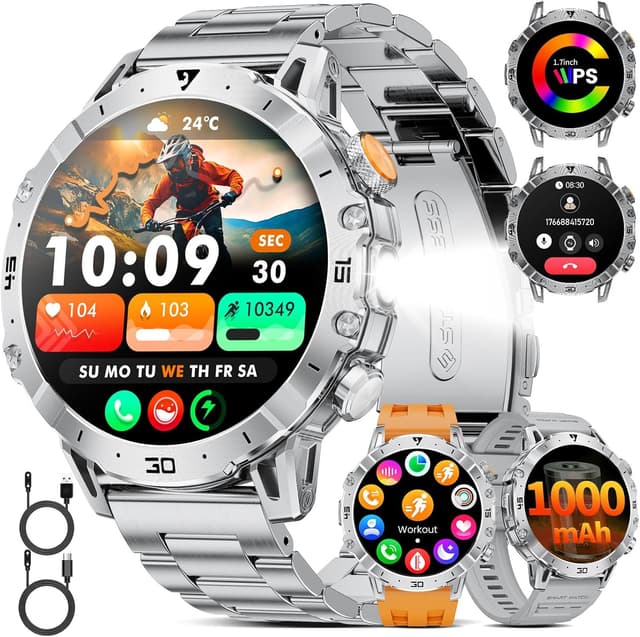 Detalle de SUNKTA Military Smart Watch for Men (1000mAh) – 1.7" HD Bluetooth Fitness Tracker with Dual Charging