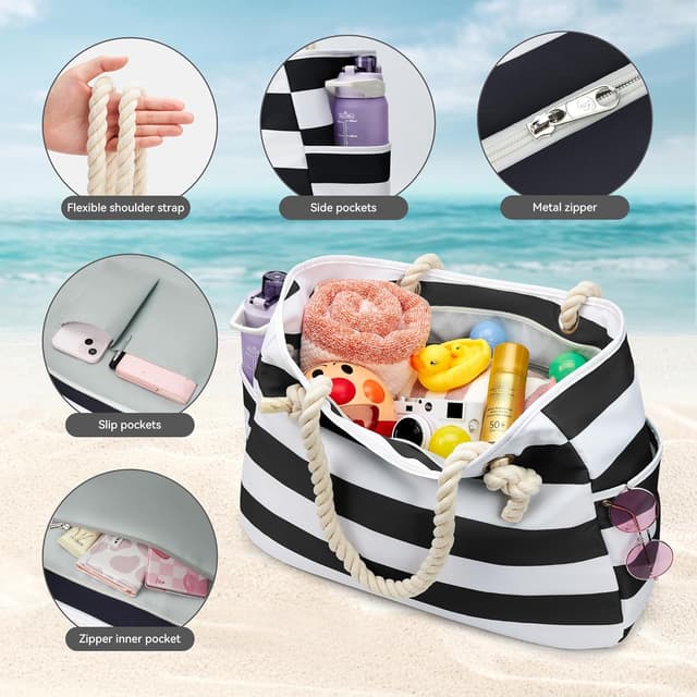 Detalle de KALIDI Große Strandtasche mit Reißverschluss (XXL, wasserdicht) – Familien-Badetasche für Strand, Reisen & Sport