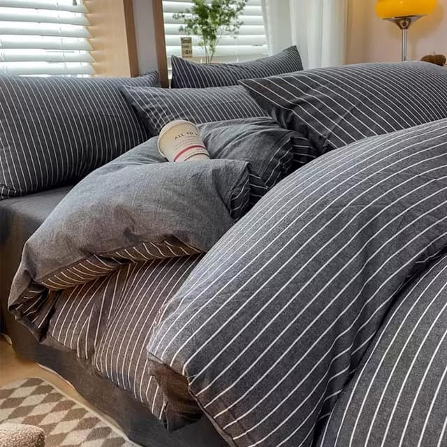 Detalle de Nesture Bettwäsche-Set 135x200 (2-teilig) aus 100% gewaschener Baumwolle, grau gestreift