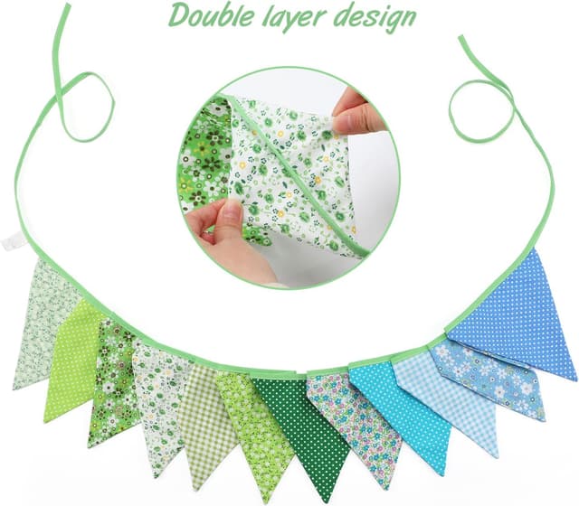 Detalle de G2PLUS Double Sided Cotton Fabric Bunting Banner (3.3m, 12 Green Floral Pennants)