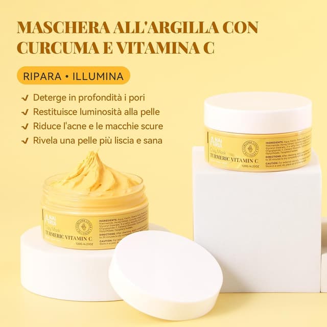 Detalle de ANAiRUi Maschera all’argilla con Vitamina C e Curcuma per acne e macchie scure, 120 g