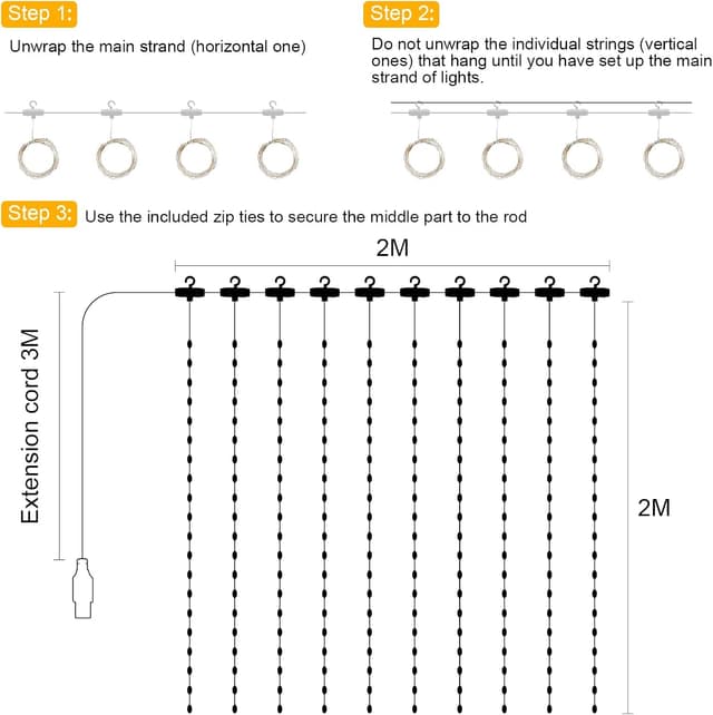 Detalle de A.bigwhale Lichtervorhang 2x2 m mit 200 warmweißen LEDs (2 Stück) – USB Lichterkette für innen