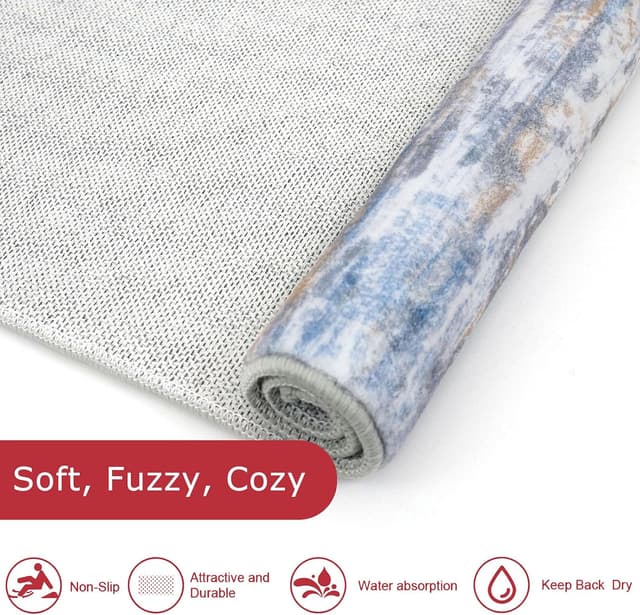 Detalle de KOZYFLY Modern Abstract Washable Rug Runner, 2.6x16 Non-Slip Hallway Runner in Blue Rust Stripes