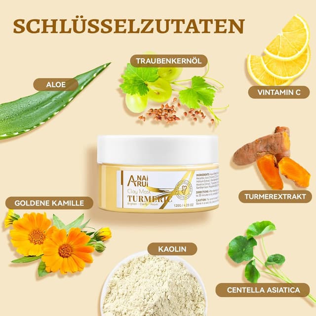 Detalle de ANAiRUi Kurkuma Vitamin C Tonmaske für das Gesicht (120 g) – reinigt, beruhigt und unterstützt bei ungleichmäßigem Hautton