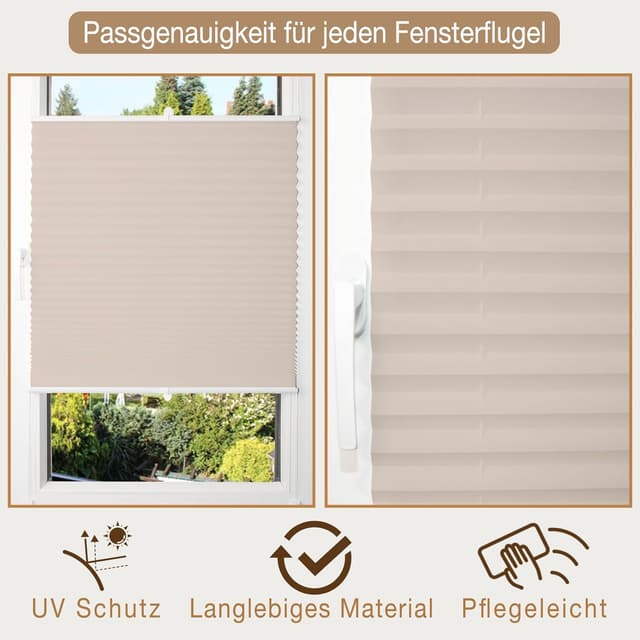 Detalle 2 de wudomi Plissee ohne Bohren Klemmfix 65 x 130 cm (BxH) Beige – für Tür & Fenster
