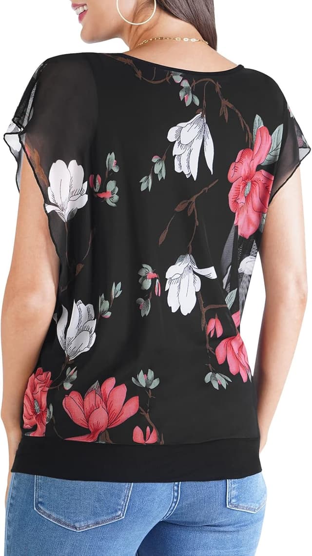 Detalle de BAISHENGGT Damen Sommer Netz-Bluse mit Falten, Rundkragen und Kurzarm