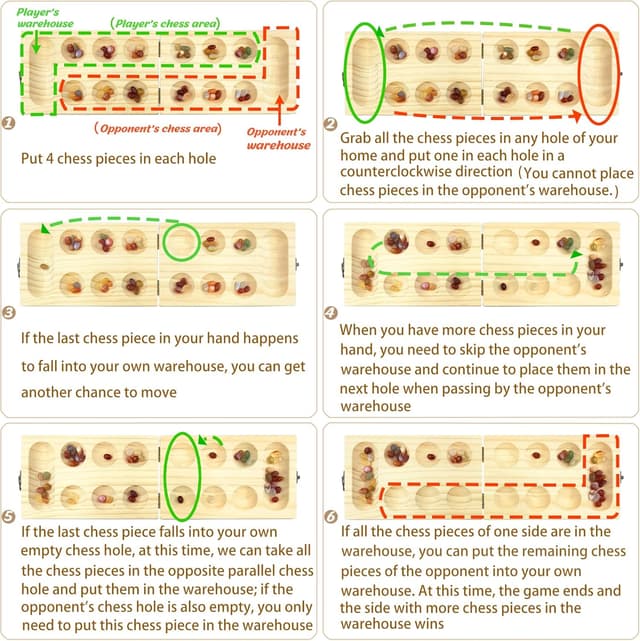 Detalle 2 de Mancala Steinchenspiel (Kalaha/Hus/Bao) aus verdicktem Naturholz mit bunten Steinen & Aufbewahrungsbeutel