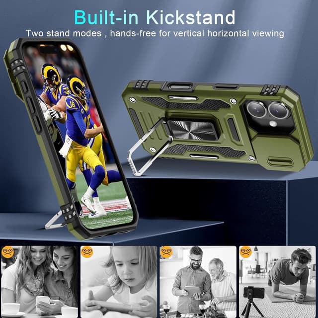 Detalle de DEERLAMN iPhone 16 Armor Case with Sliding Camera Cover, Rotating Ring Kickstand + Tempered Glass Screen Protector (2-Pack)