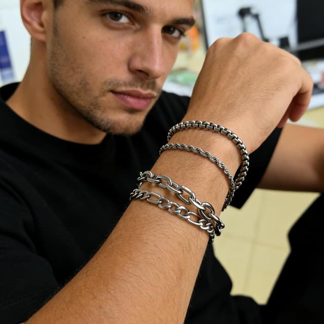 Detalle de JENCVNL Herrenarmband im Set (5 Stück) aus Edelstahl, Silberfarbene Panzerkette