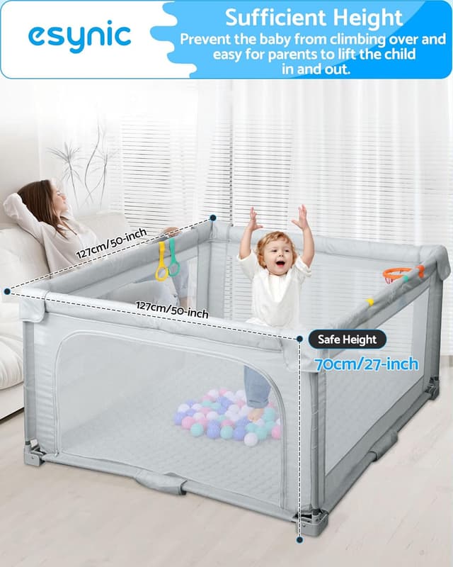 Detalle 1 de eSynic Large Foldable Baby Playpen (127 x 127cm) with Soft Mat, 50 Balls & Hoop