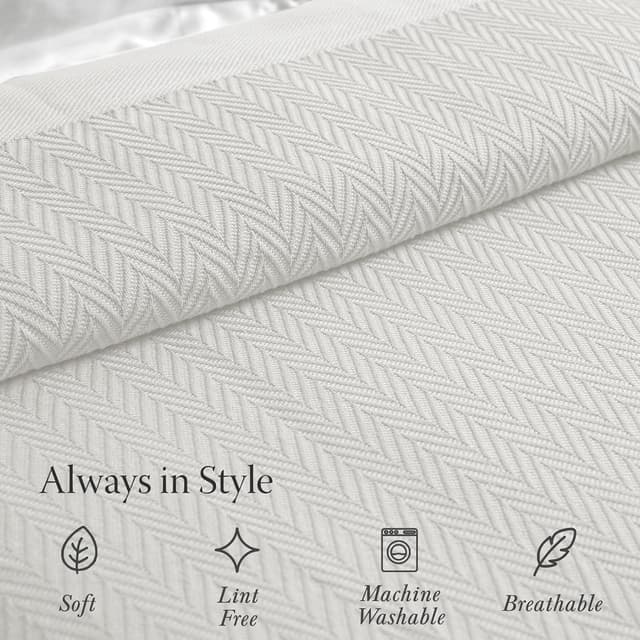 Detalle de Threadmill Home Linen Luxury 100% Cotton King Blanket (Herringbone) – Tusk White, All-Season Cozy
