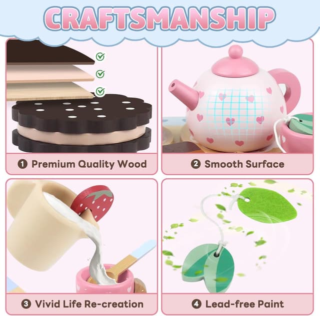 Detalle 2 de Beberolen Wooden Tea Set for Toddlers (pretend afternoon tea play set) with biscuits and teapot