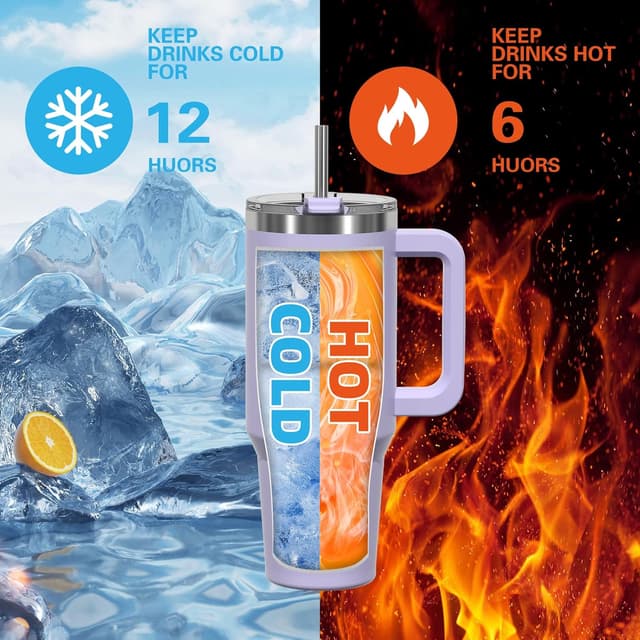 Detalle de WATERSY 40oz Kaffeebecher to Go – doppelwandiger Thermobecher aus Edelstahl, auslaufsicher, mit Griff und Strohhalm (lila)