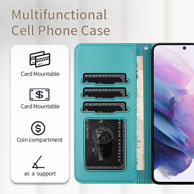 Detalle de Butnyeoe Handyhülle für Samsung Galaxy S24 FE – Klapphülle im Wallet-Case-Stil mit Magnetverschluss, Kartenfächern und Standfunktion (blau-grün)