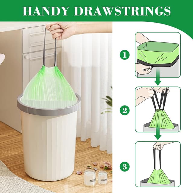 Detalle de JelKen 120 Biodegradable Bin Liner Bags (6L) with Drawstring Tie Handles, Food Waste Bags, 43 x 45cm