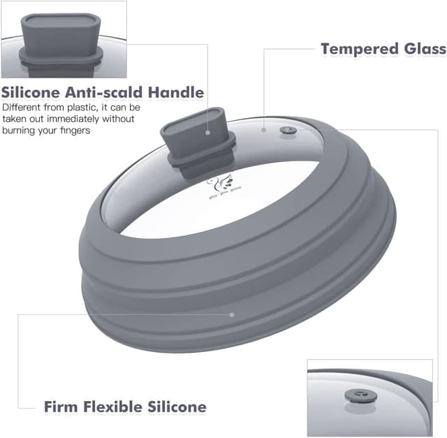 Detalle de Microwave Splatter Cover Glass Splatter Guard Lid with Collapsible Silicone Handle (11.8-inch, Light Grey)