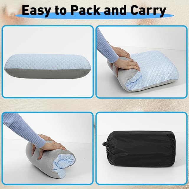 Detalle de Crisonky Travel and Camping Pillow – compressible medium firm memory foam with carry bag, cooling fabric & lumbar support