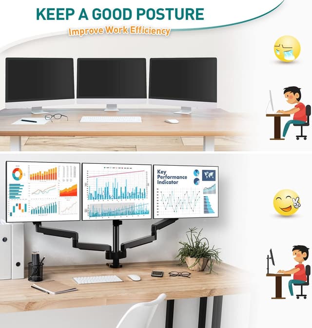 Detalle de ELIVED EV006 support de bureau réglable à gaz (VESA 75/100) pour écrans de 13 à 27 pouces, bras pour 3 moniteurs