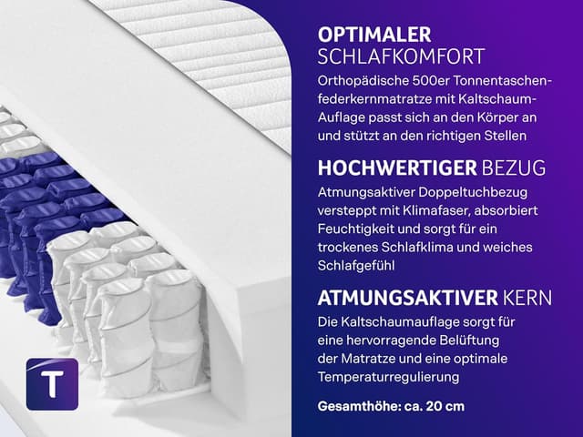 Detalle 2 de Traumnacht Premium 7‑Zonen 500er Tonnentaschenfederkernmatratze 140x200