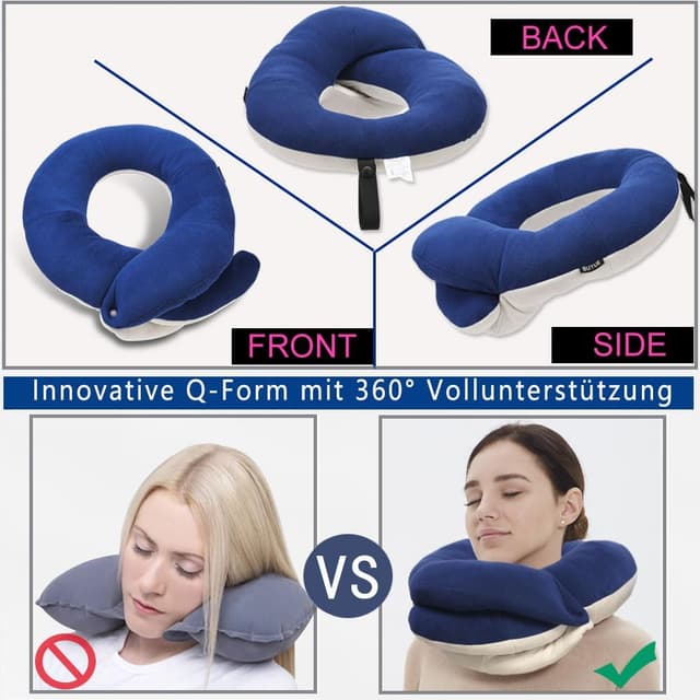 Detalle de BUYUE Reise-Nackenkissen für Flugzeuge mit 360° Kopf-/Kinnstütze, Set inkl. Augenmaske & Ohrstöpsel (blau)